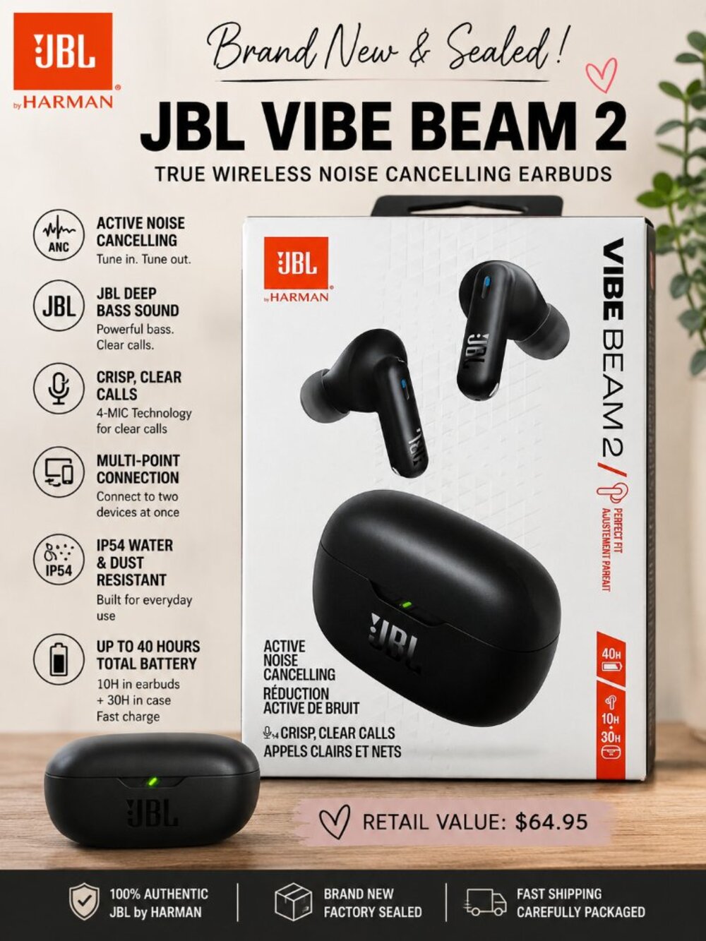 JBL Vibe Beam 2 True Wireless Earbuds Black | Active Noise Cancelling | Brand Ne